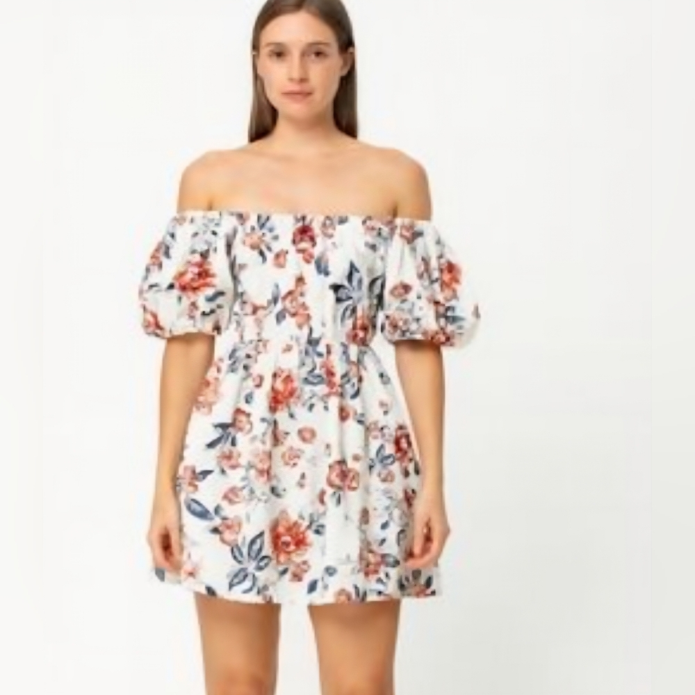 Lucky Brand Puff Sleeve‎ Mini Dress White Floral Womens Size Medium